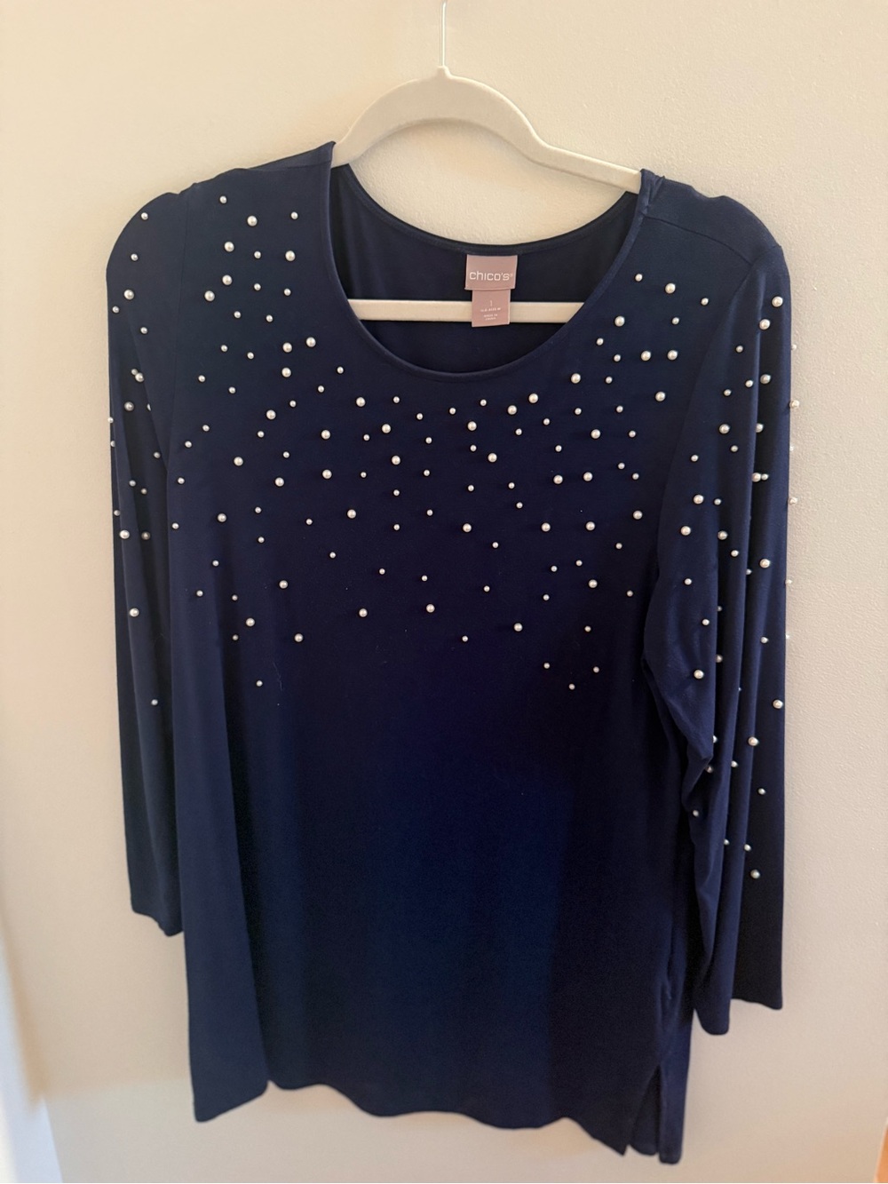 Chico's Navy Pearl-Studded Long Sleeve Tee